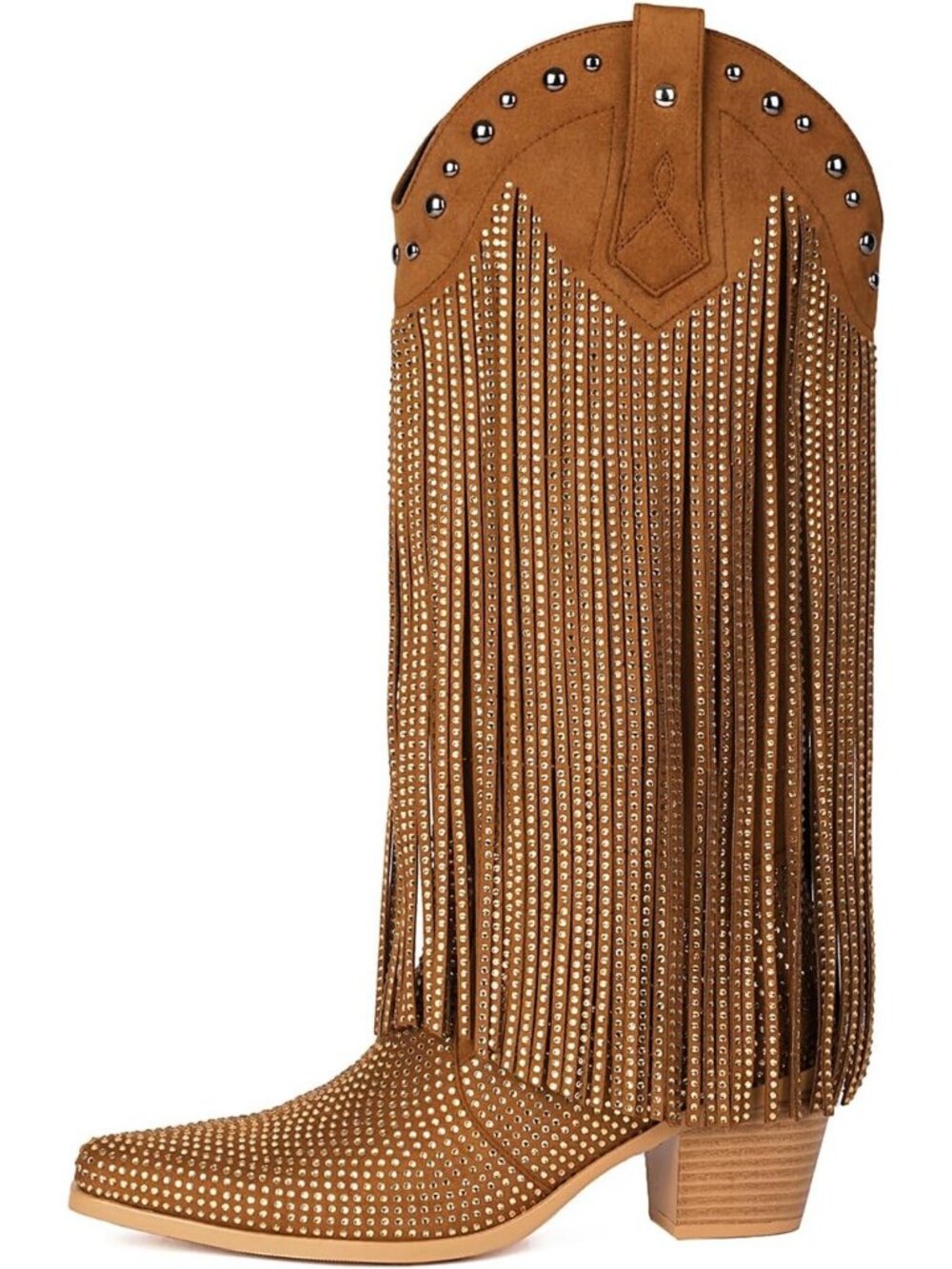 Women's Brown Rhinestone Fringe Cowgirl Boots Pointed Toe Sparkly Western Boots